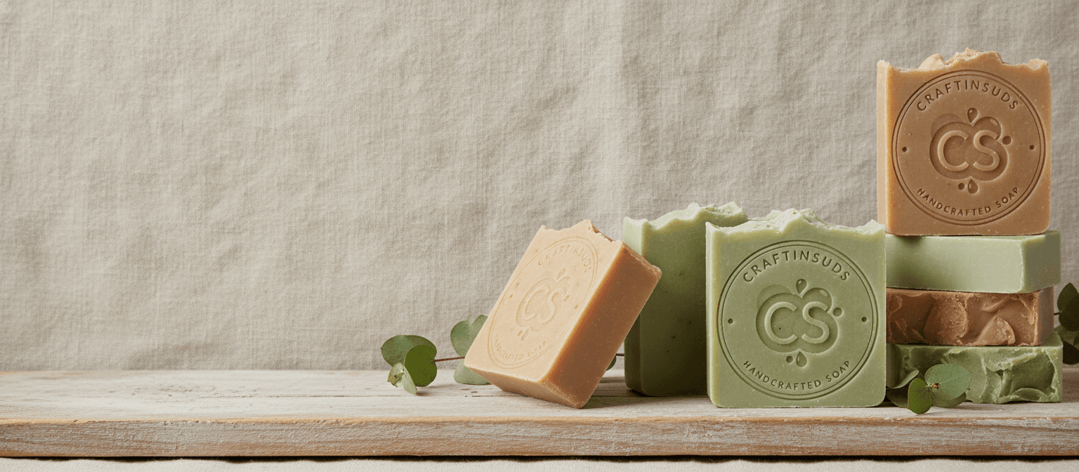 CraftinSuds handcrafted soap bars on a wooden board